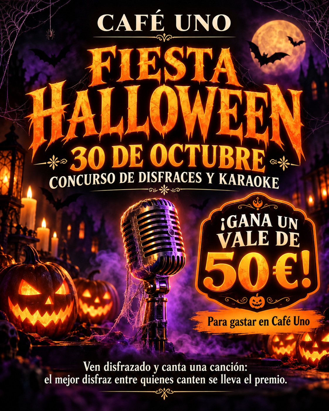 Fiesta Halloween, 30 de octubre. Concurso de disfraces y karaoke. Gana un vale de 50 euros para gastar en Café Uno. Ven disfrazado y canta una canción: el mejor disfraz entre quienes canten se lleva el premio.